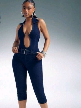 Brand New Bleeveless Deep-V Navy Jumpsuit with Belt